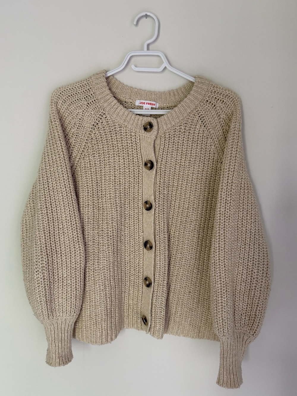 Joe Fresh Heathered Oatmeal Chunky Knit Balloon Sleeve Cardigan Size M